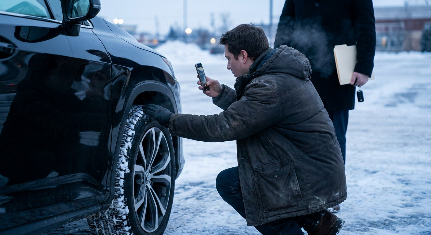 Renter crouching at the front wheel of a rental SUV photographing the tire at handover
