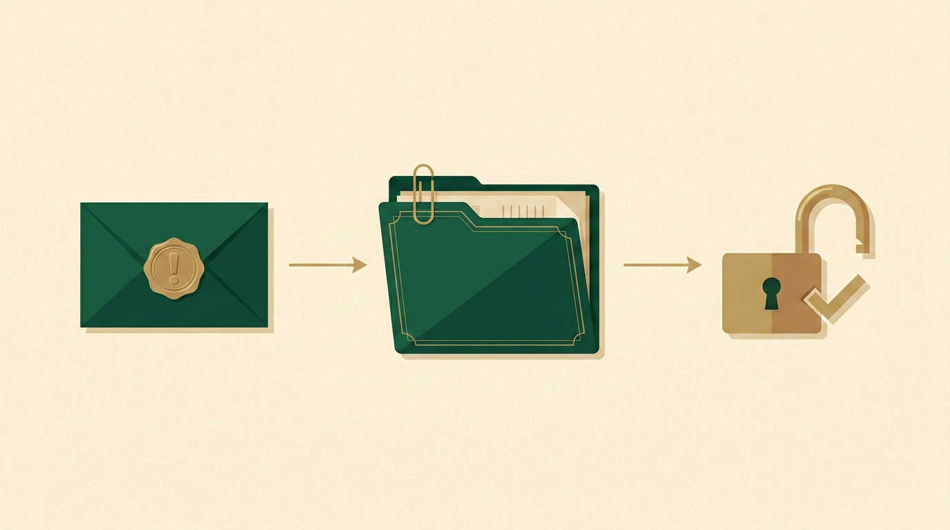 Action sequence: request, document pack, unblocking