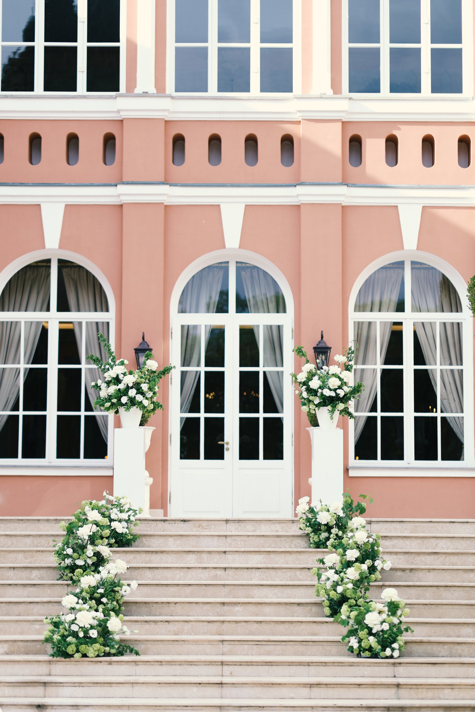 The pink palace of Chateau Mukhrani dressed for a wedding ceremony