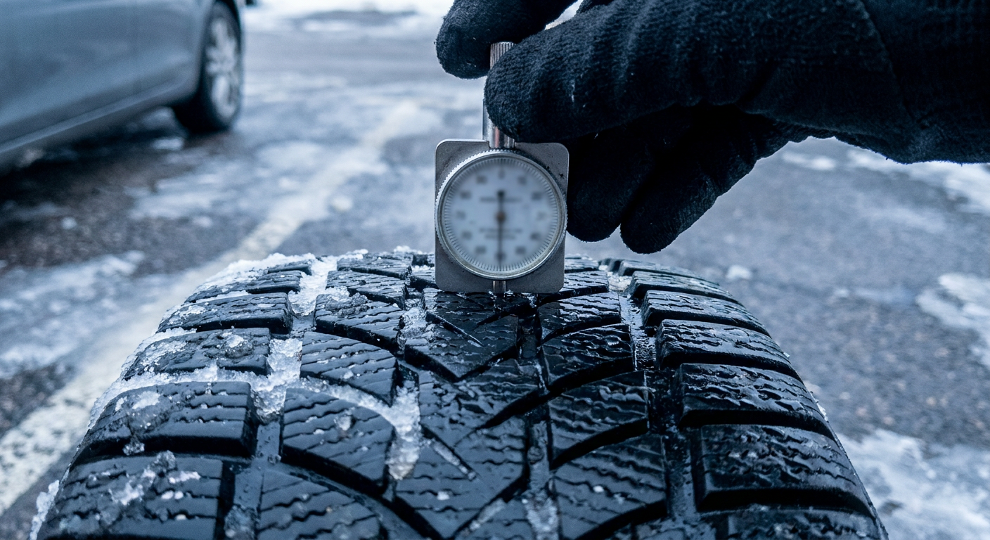 Tread depth gauge measuring the main groove of a winter tire