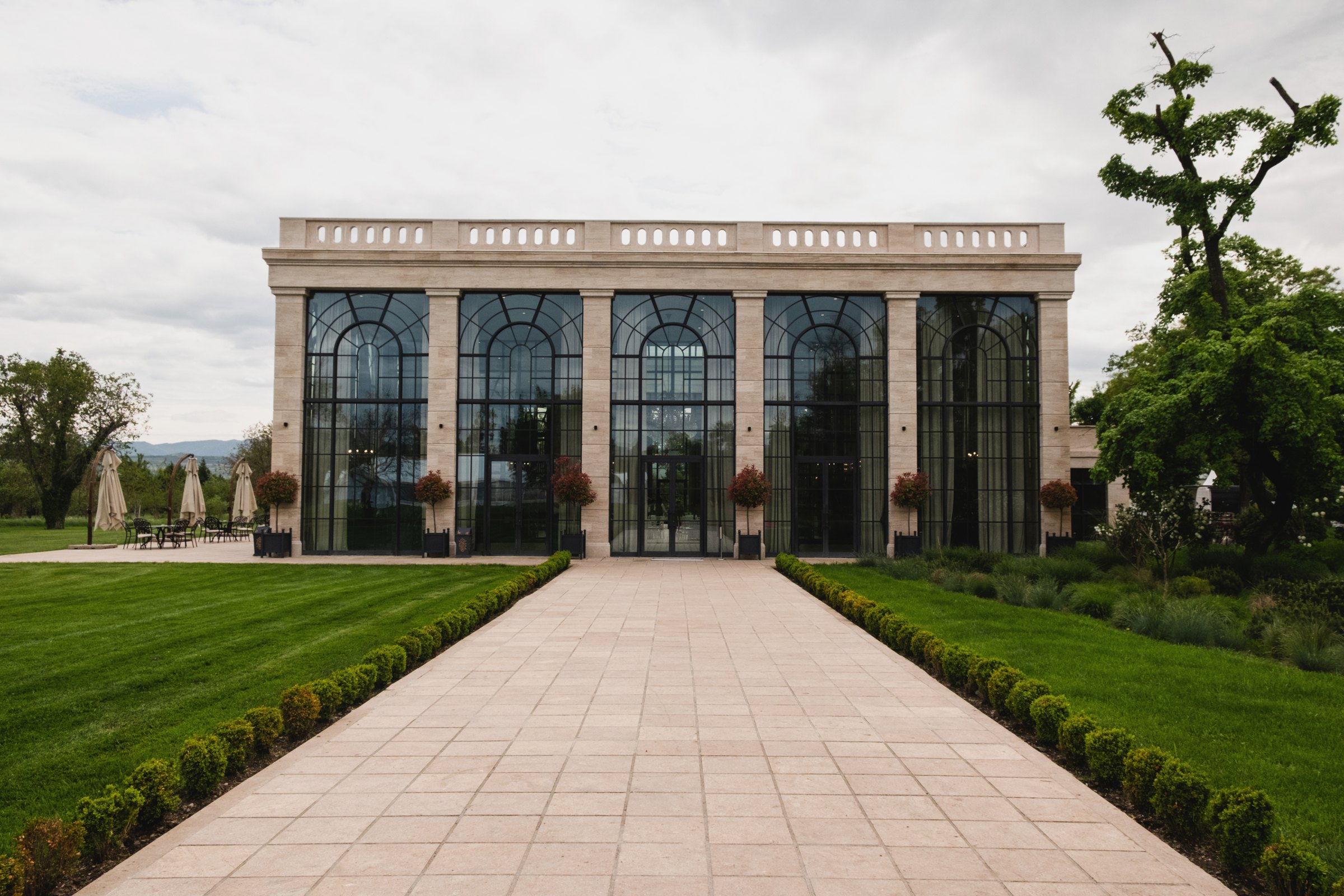 The estate's glasshouse from the garden