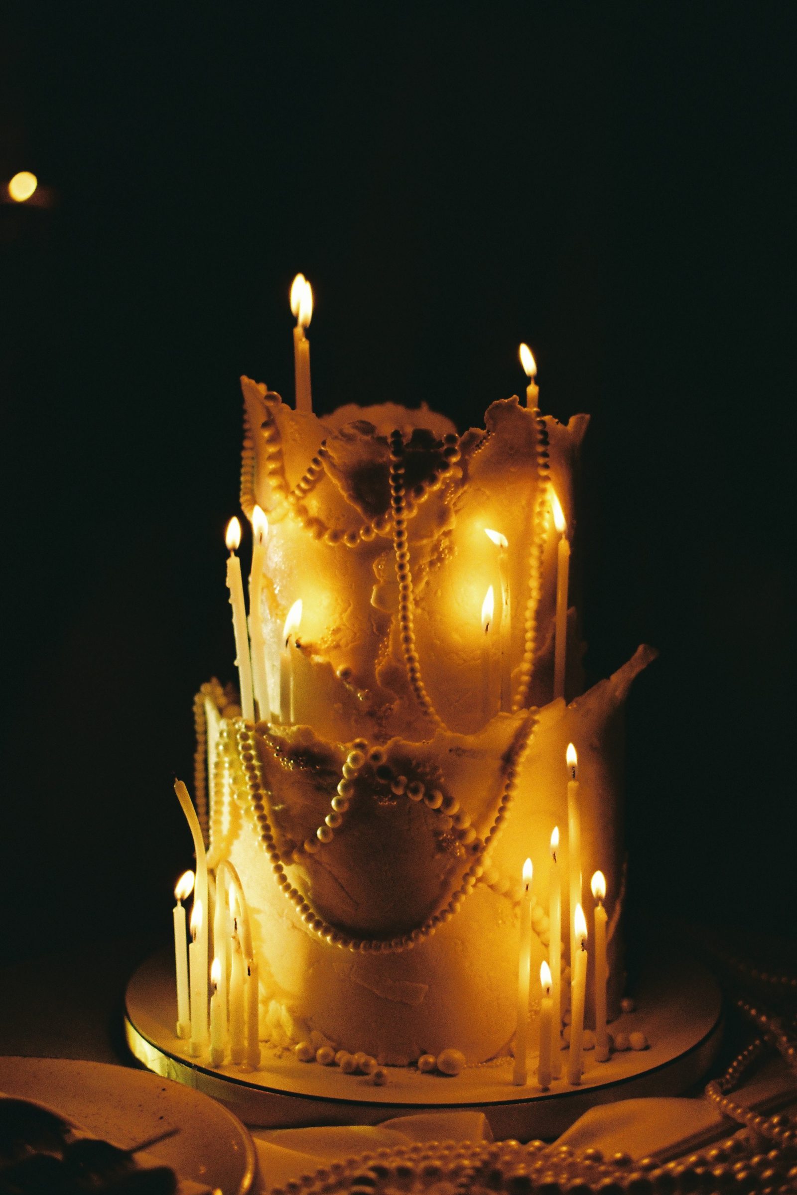The cake, lit by its own candles