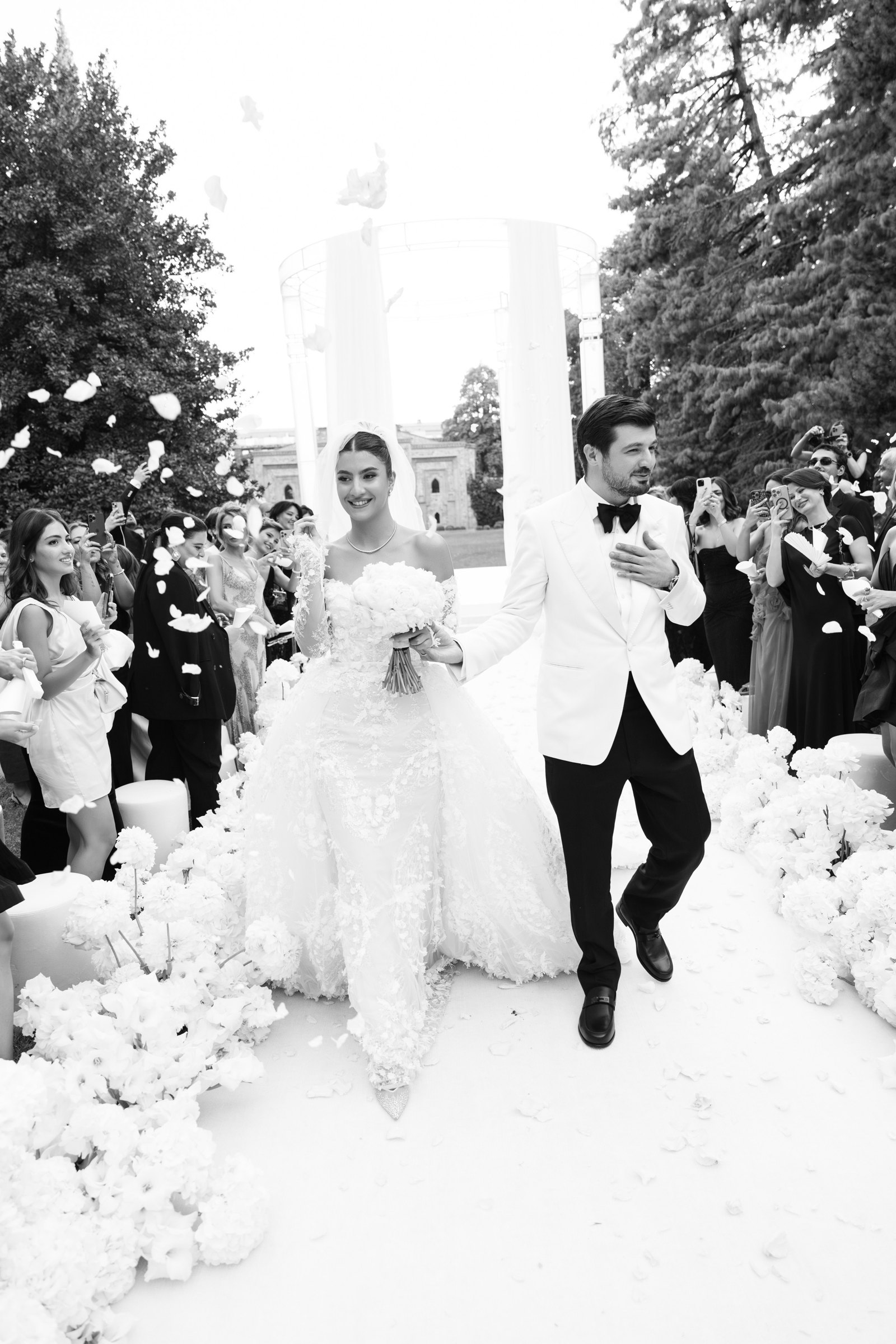 The recessional through petals, black and white